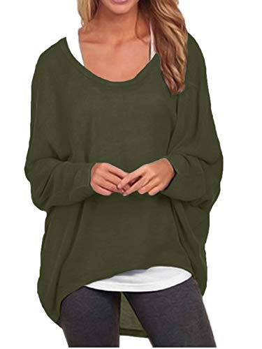 ZANZEA Mujeres Sexy Suelto Sólido Irregular Manga Larga Baggy Jumper Casual Tops Blusa Camiseta 01-Ejercito Verde 2XL