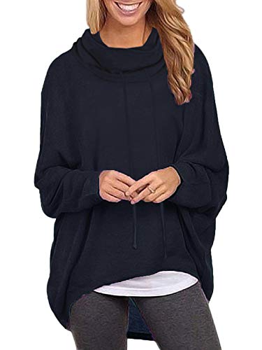 ZANZEA Mujeres Sudaderas Cuello Alto Batwing Manga Larga Irregular Baggy Túnica Blusa Pullover Tops Jersey X-Azul Marino Cuello Alto S