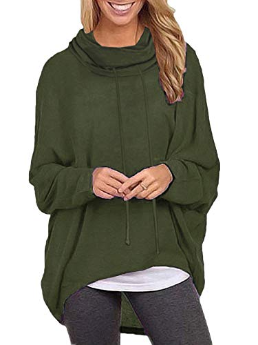 ZANZEA Mujeres Sudaderas Cuello Alto Batwing Manga Larga Irregular Baggy Túnica Blusa Pullover Tops Jersey X-Verde Militar Cuello Alto L