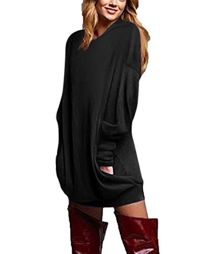 ZANZEA Vestidos Sudadera con Capucha Mujer Cuello V Manga Larga Jerseys Largos Hoodie Casual Tallas Grandes Suéter Suelta 03-con Capucha Negro XXL