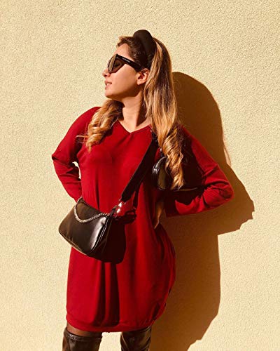 ZANZEA Vestidos Sudadera Mujer Cuello V Manga Larga Otoño Jerseys de Punto Mujer Largos Casual Tallas Grandes Rojo Vino S