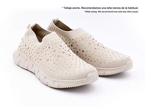 Zapatillas Deportivas para Mujer, Tipo Calcetín, Transpirables, con Brillantes (Beige, Numeric_40)