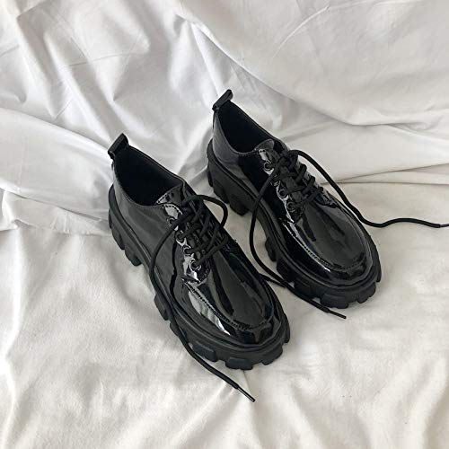 Zapatos Casuales para Mujer, Zapatos de Cuero para Vestir de Fondo Suave, Estilo Universitario al Aire Libre, Punta Redonda, Primavera y otoño, Zapatos de Plataforma Gruesa con Cordones