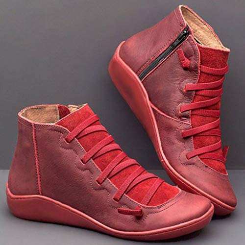 Zapatos Piel de Suela Blanda Mujer, Botas con Cordones de Cabeza Redonda con Cremallera Botines Casual Comodos Senderismo Viaje Liquidación Rebajas Yvelands(Rojo,35)