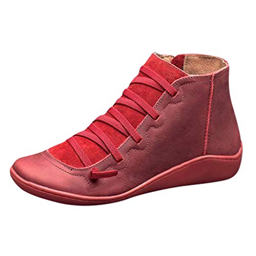 Zapatos Piel de Suela Blanda Mujer, Botas con Cordones de Cabeza Redonda con Cremallera Botines Casual Comodos Senderismo Viaje Liquidación Rebajas Yvelands(Rojo,35)