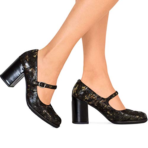 Zapatos Tacón Medio-Alto TEGUISE | Zapato Salón Mujer con Pátina Efecto Camuflaje | Cómoda Plataforma y Tacón Ancho | Suela TPU | Forro Piel Extra Resistente Alto Brillo | Talla 41