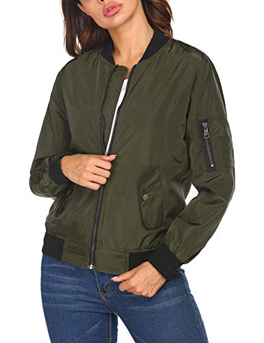 Zeagoo Chaqueta bomber corta para mujer, chaqueta de piloto, chaqueta fina, ligera, con cremallera, cuello alto, para primavera, otoño verde XL