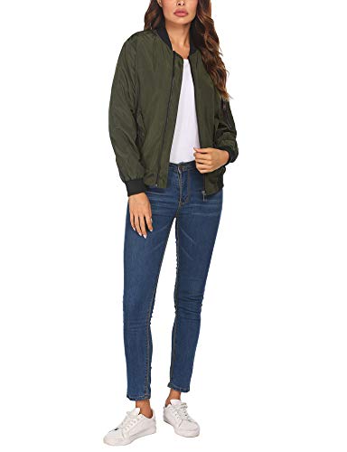 Zeagoo Chaqueta bomber corta para mujer, chaqueta de piloto, chaqueta fina, ligera, con cremallera, cuello alto, para primavera, otoño verde XL