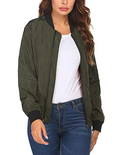 Zeagoo Chaqueta bomber corta para mujer, chaqueta de piloto, chaqueta fina, ligera, con cremallera, cuello alto, para primavera, otoño verde XL
