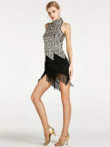 Zengbang Mujer Moda Lentejuelas Conjunto Traje de Baile Latino Vestidos Sin Mangas para Danza Negro#1