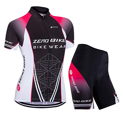 ZEROBIKE Kit de Manga Corta Jersey de Ciclo Bici del Camino para Mujer, Conjunto Ropa Al Aire Libre Transpiración para La Bicicleta(Red Negra, L)