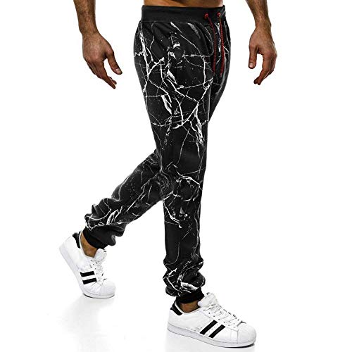 ZEZKT pantalón Largo Deporte Fitness para Hombre Casual Bolsillo Pantalones Deportivos Slim fit Estampados Running Joggers Pantalones de chándal Negro 272
