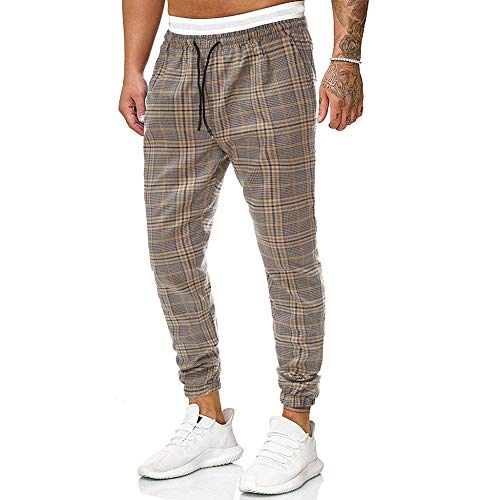 ZEZKT Pantalones a Rayas a Cuadros para Hombre pantalón Largo Deporte Pants Moda Casual Pantalones Largos Estampados para Hombres Color Caqui 181