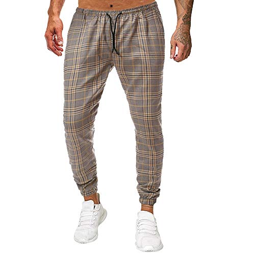 ZEZKT Pantalones a Rayas a Cuadros para Hombre pantalón Largo Deporte Pants Moda Casual Pantalones Largos Estampados para Hombres Color Caqui 181