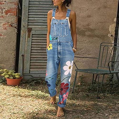 ZEZKT Peto Vaquero para Mujer Mono Vaquero con Estampado de Moda con Bolsillo Vaqueros Largos Casual pantalón Denim Largo Slim Salvajes Jeans de Mezclilla Azul 11