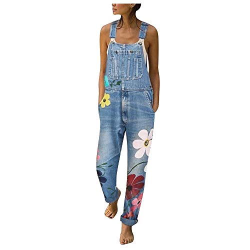 ZEZKT Peto Vaquero para Mujer Mono Vaquero con Estampado de Moda con Bolsillo Vaqueros Largos Casual pantalón Denim Largo Slim Salvajes Jeans de Mezclilla Azul 11