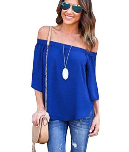 ZhiYuanan Damas Blusa Camiseta Cuello Barco Mangas Largas Blusa Sin Hombros con Escote Remata Azul L