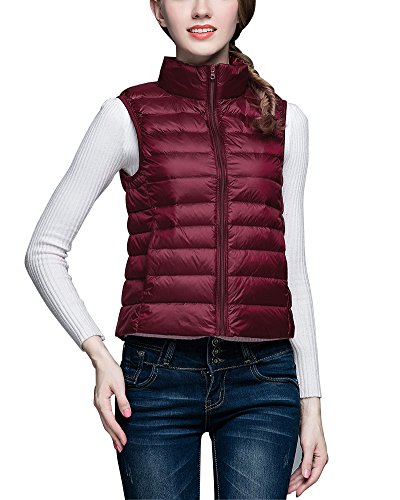 ZhuiKun Chaleco Mujer Chaquetas de Down Ligero Plegable Plumón Acolchado Chalecos Vino Rojo S