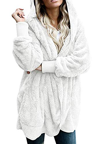 Zilcremo Mujer Lana Chaqueta Cárdigan con Capucha Frente Abierto Abrigo Fleece de Piel Sintética Invierno Beige S