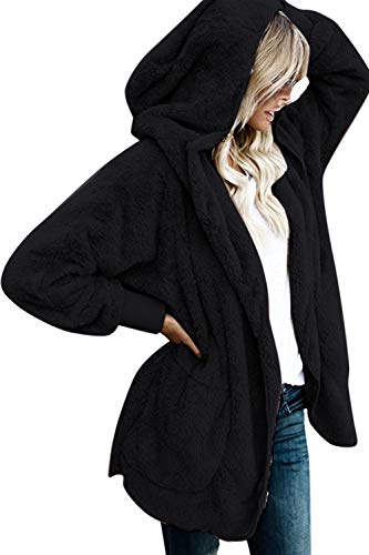 Zilcremo Mujer Lana Chaqueta Cárdigan con Capucha Frente Abierto Abrigo Fleece de Piel Sintética Invierno Negro S