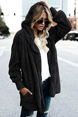 Zilcremo Mujer Lana Chaqueta Cárdigan con Capucha Frente Abierto Abrigo Fleece de Piel Sintética Invierno Negro S