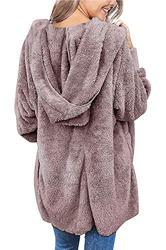 Zilcremo Mujer Lana Chaqueta Cárdigan con Capucha Frente Abierto Abrigo Fleece de Piel Sintética Invierno Purplish Brown L