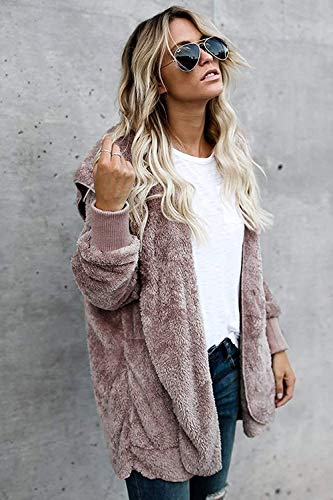 Zilcremo Mujer Lana Chaqueta Cárdigan con Capucha Frente Abierto Abrigo Fleece de Piel Sintética Invierno Purplish Brown L