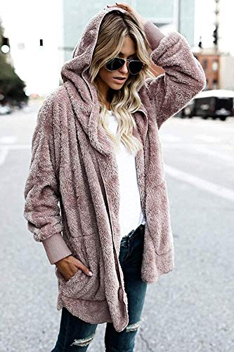 Zilcremo Mujer Lana Chaqueta Cárdigan con Capucha Frente Abierto Abrigo Fleece de Piel Sintética Invierno Purplish Brown M