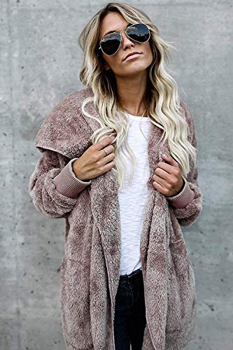 Zilcremo Mujer Lana Chaqueta Cárdigan con Capucha Frente Abierto Abrigo Fleece de Piel Sintética Invierno Purplish Brown M