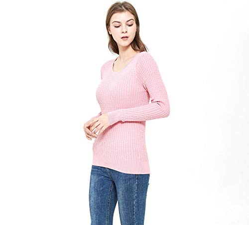 ZLUXURQ Suéter Rosa de Manga Larga con Cuello Redondo para Mujer, Corte Ajustado, cómodo y cálido