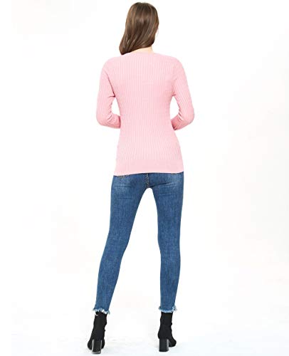 ZLUXURQ Suéter Rosa de Manga Larga con Cuello Redondo para Mujer, Corte Ajustado, cómodo y cálido