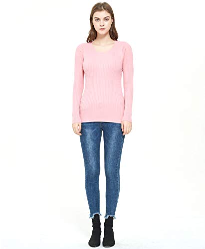 ZLUXURQ Suéter Rosa de Manga Larga con Cuello Redondo para Mujer, Corte Ajustado, cómodo y cálido
