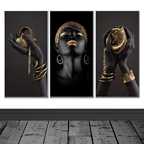 ZMFBHFBH Cuadro de Mujer Africana con Marco, Carteles artísticos de Pared e Impresiones Manos Negras sosteniendo Joyas Doradas Decoración de Pared 40x60cmx3pcs con Marco