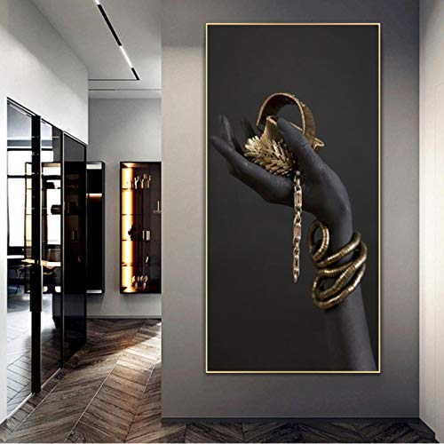 ZMFBHFBH Cuadro de Mujer Africana con Marco, Carteles artísticos de Pared e Impresiones Manos Negras sosteniendo Joyas Doradas Decoración de Pared 40x60cmx3pcs con Marco