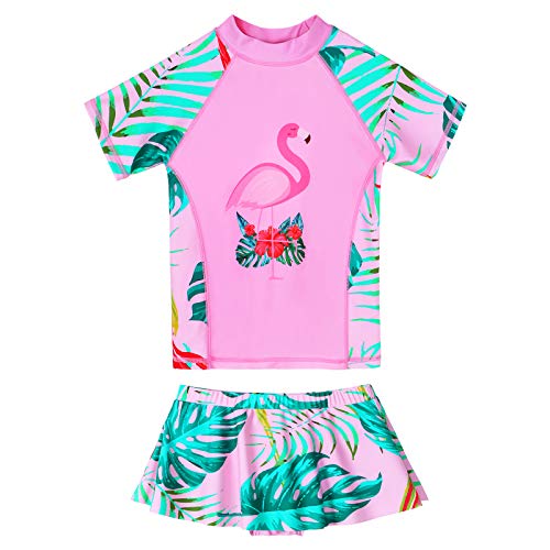 ZNYUNE Bañador de dos piezas para niña, estampado de tela, mangas cortas y falda, traje de baño Rosa Flamenco 7-8 Años