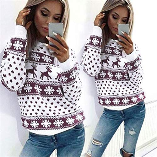 ZODOF Jersey Reno Navidad Mujer Punto Floral Imprimir Cuello Redondo Blusa de Manga Larga con Estampado de Alce para Mujer Vacaciones Fiesta Pullover Tops Sueter de Navidad