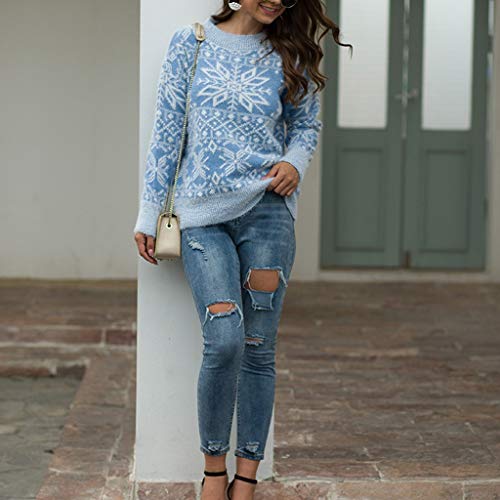 ZODOF Jerseys de Navidad Mujer Prendas de Punto Estampado de Copo de Nieve Manga Larga Cuello Redondo suéter de Punto Tops Pullover Sweaters