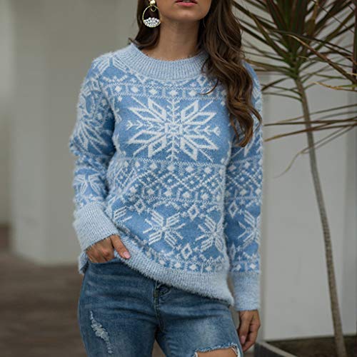 ZODOF Jerseys de Navidad Mujer Prendas de Punto Estampado de Copo de Nieve Manga Larga Cuello Redondo suéter de Punto Tops Pullover Sweaters