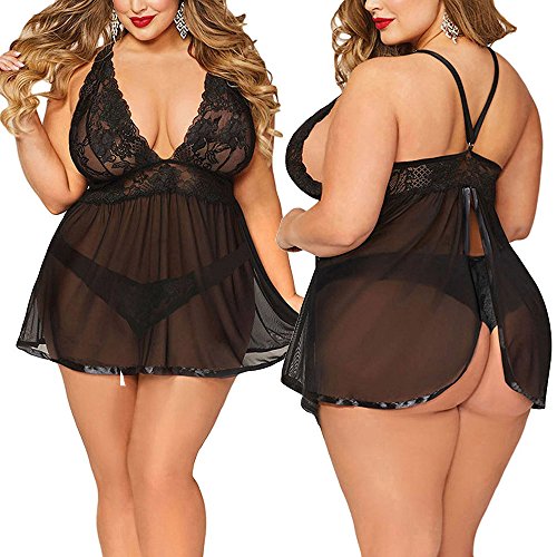 ZODOF Lenceria Mujer Lenceria Sexy Talla Extra Lencería de Espalda Abierta Cordón Babydoll Ropa de dormirlenceria Sexy Mujer Sujetador de Encaje Mujer Lenceria Erotica(Negro)