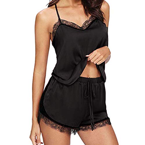 ZODOF Lenceria Mujer Ropa de Dormir de Las Mujeres Sin Mangas Correa Ropa de Dormir Cordón Adorno Satinado Cami Parte Superior Conjuntos de Pijamas Liguero Lenceria Mujer Sexy(XL,Negro)