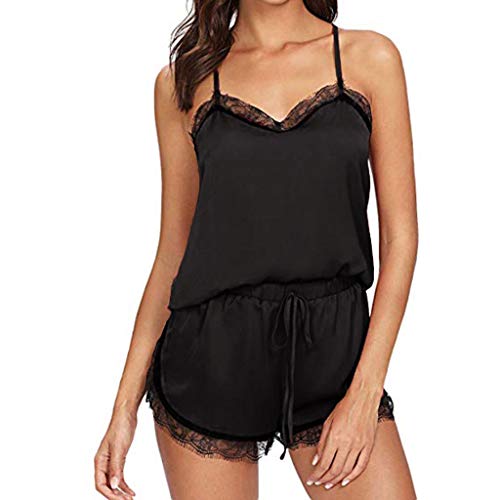 ZODOF Lenceria Mujer Ropa de Dormir de Las Mujeres Sin Mangas Correa Ropa de Dormir Cordón Adorno Satinado Cami Parte Superior Conjuntos de Pijamas Liguero Lenceria Mujer Sexy(XL,Negro)