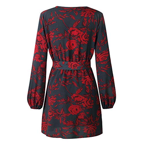 ZODOF Vestido Mujer Elegante Largo Sexy Verano Moda Mujer Ropa Escote-V Vestido Estampado de Volantes de Manga Larga con Cuello en V y Fiesta de Noche con Mini Vestido