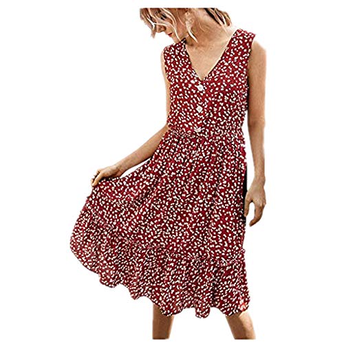 ZODOF Vestidos Largos Verano Bohemio Moda Estampado de Flores Sin Mangas Cuello en V Botón Casual Vestido de Verano Elegantes Tallas Grandes Vestido Playa