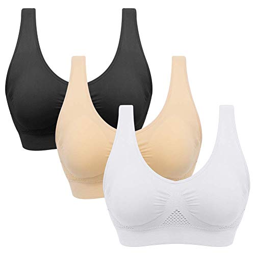 ZOEREA Sujetador Deportiva para Mujeres Cómodo Transpirable Tipo Chaleco Talla Grande Bra con Almohadilla para Fitness Run Ejercicio Medio Soporte (Beige+Negro+Blanco-1, 4XL)