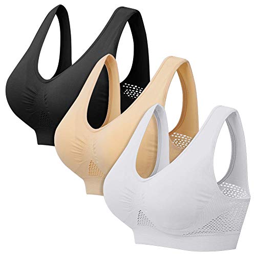 ZOEREA Sujetador Deportiva para Mujeres Cómodo Transpirable Tipo Chaleco Talla Grande Bra con Almohadilla para Fitness Run Ejercicio Medio Soporte (Beige+Negro+Blanco-1, 4XL)
