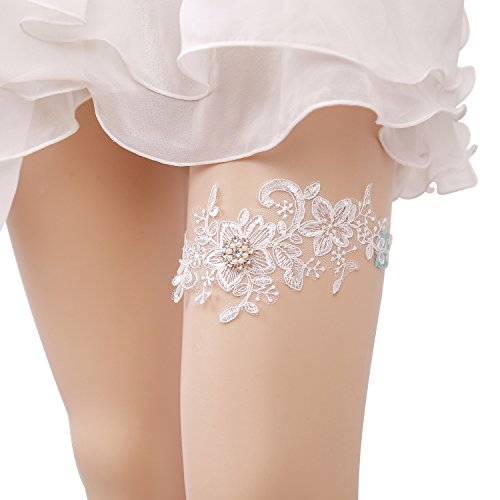 ZOYLINK Liga Novia, Liga Nupcial elástica de Encaje Liga de Boda Perla Sintética Blanco Accesorio para Novias