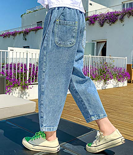 ZRFNFMA Ropa de niñas, Estilo de Verano, niño Grande, Estilo Occidental, Pantalones de Pierna Ancha, Pantalones Viejos, Pantalones Vaqueros, Pantalones Cortos Delgados para blue-150cm