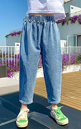 ZRFNFMA Ropa de niñas, Estilo de Verano, niño Grande, Estilo Occidental, Pantalones de Pierna Ancha, Pantalones Viejos, Pantalones Vaqueros, Pantalones Cortos Delgados para blue-150cm