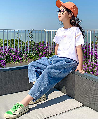 ZRFNFMA Ropa de niñas, Estilo de Verano, niño Grande, Estilo Occidental, Pantalones de Pierna Ancha, Pantalones Viejos, Pantalones Vaqueros, Pantalones Cortos Delgados para blue-150cm