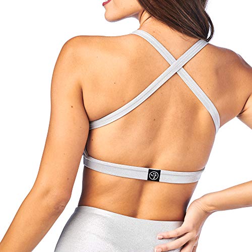 Zumba Athletic Dance Fitness High Impact Workout Metallic Sports Bra For Women Sujetador Deportivo, Silver, S para Mujer